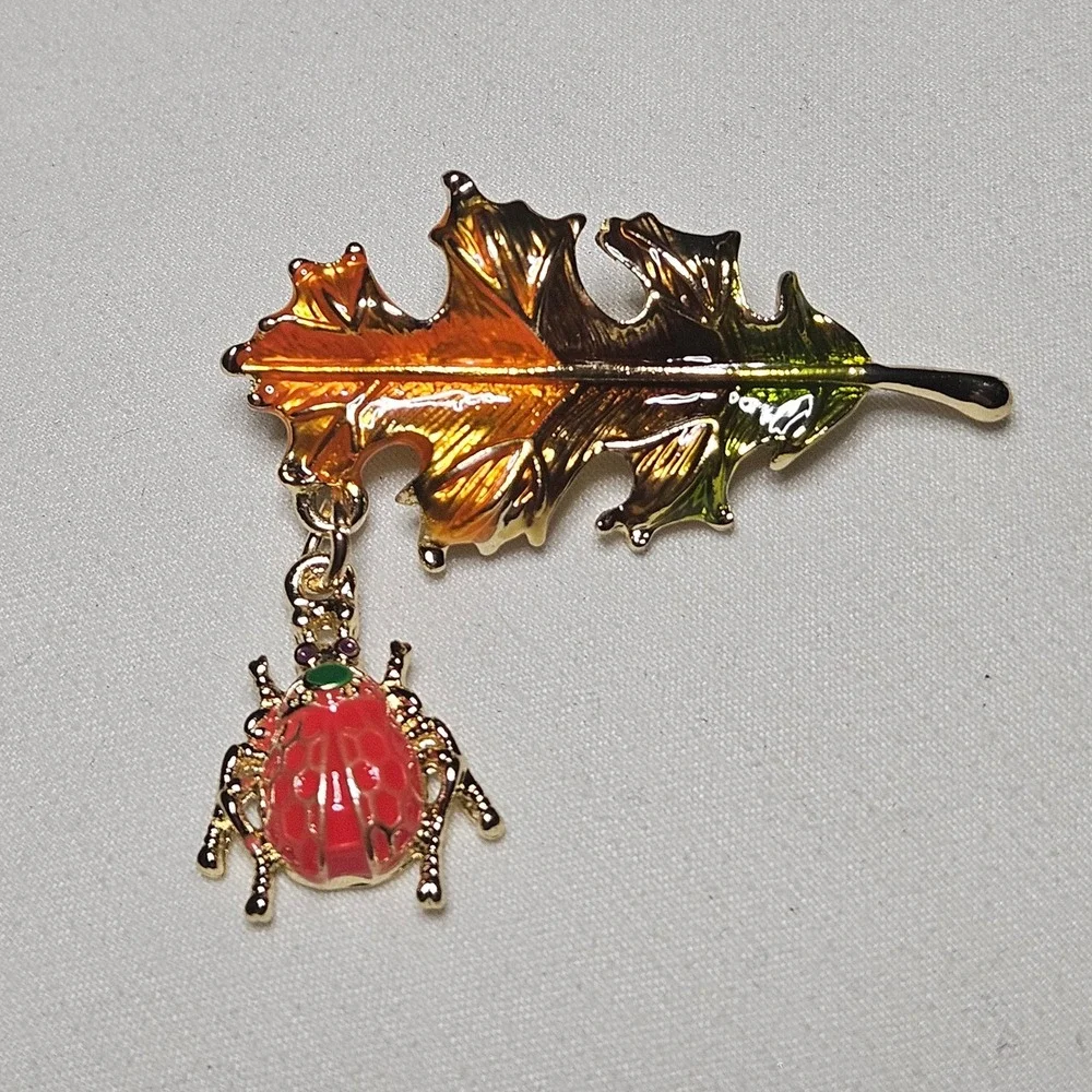 Oak Leaf Beetle Brooch Unisex OS Gold Orange Green Enamel Fall Nature